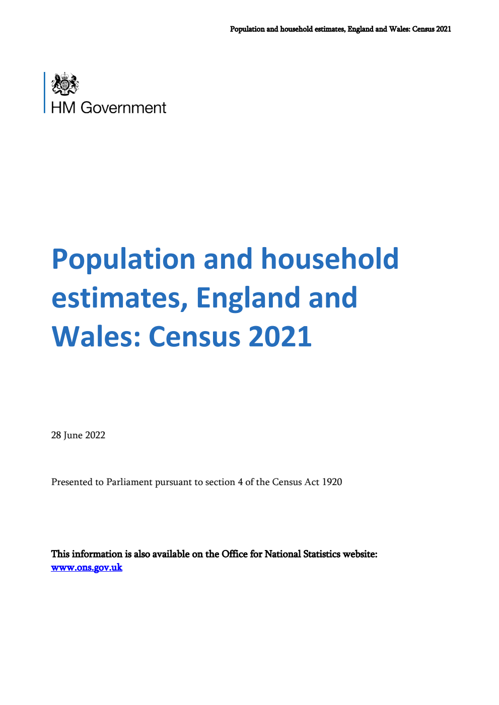 Population and household estimates, England and Wales: Census 2021