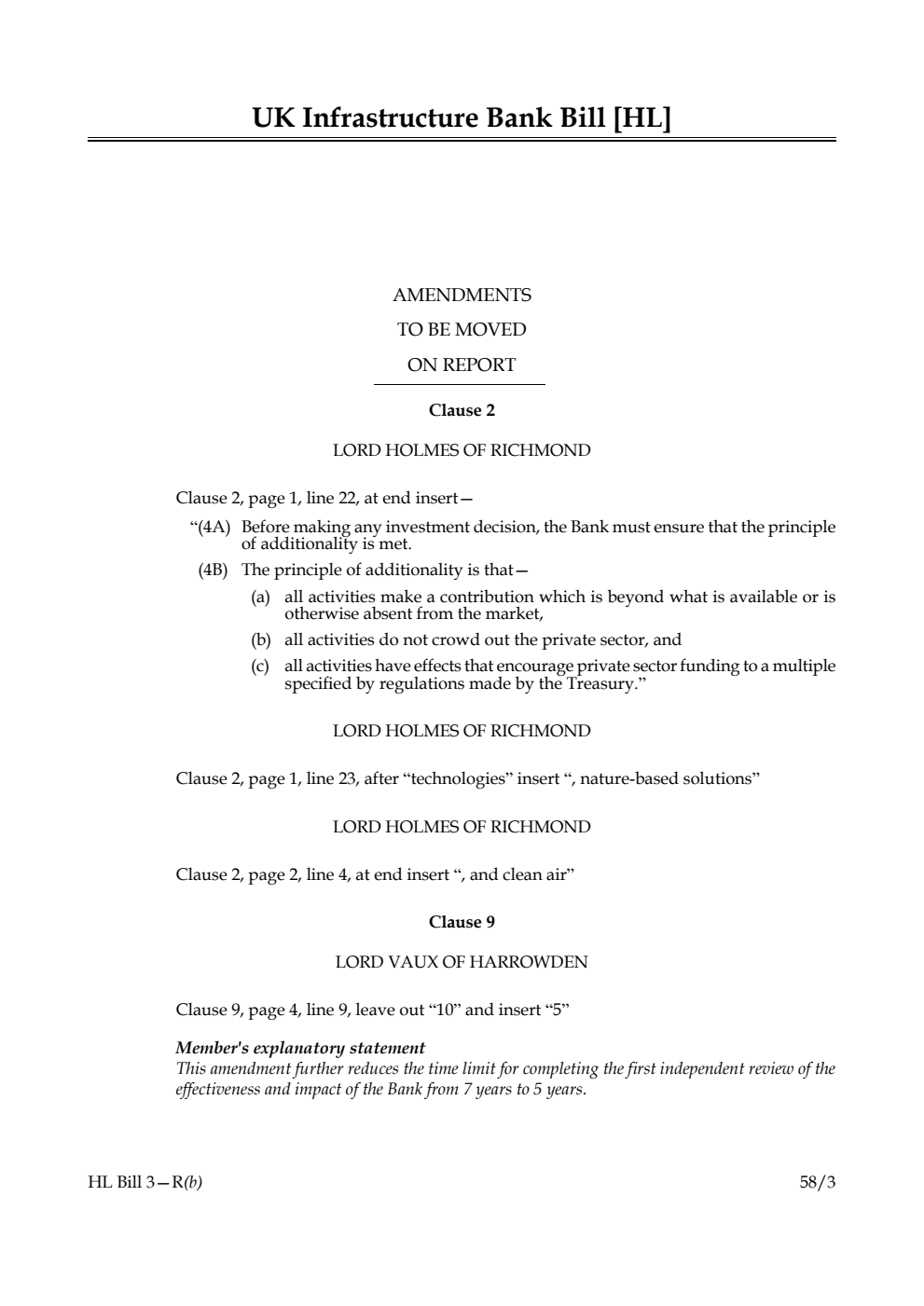 UK Infrastructure Bank Bill Amendments to be moved on Report