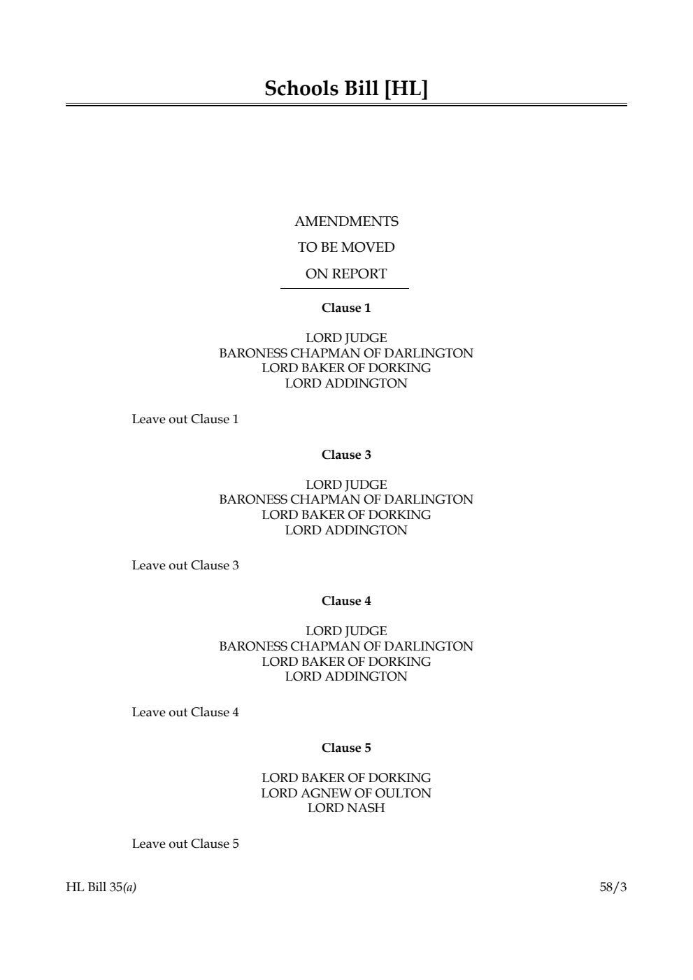 Schools Bill Amendments to be moved on Report