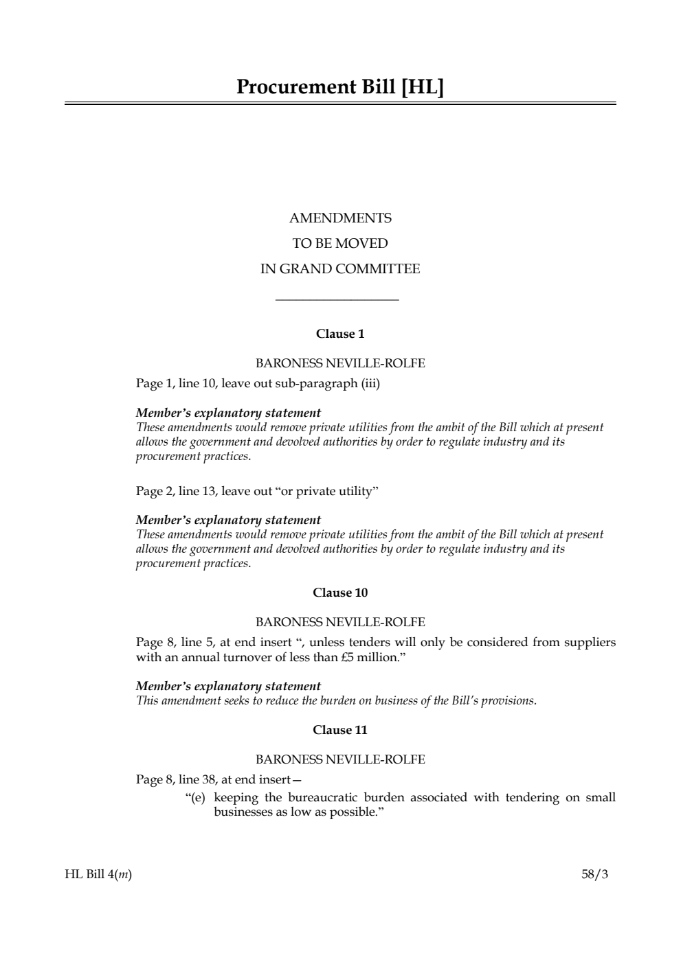 Procurement Bill Amendments to be moved in Grand Committee