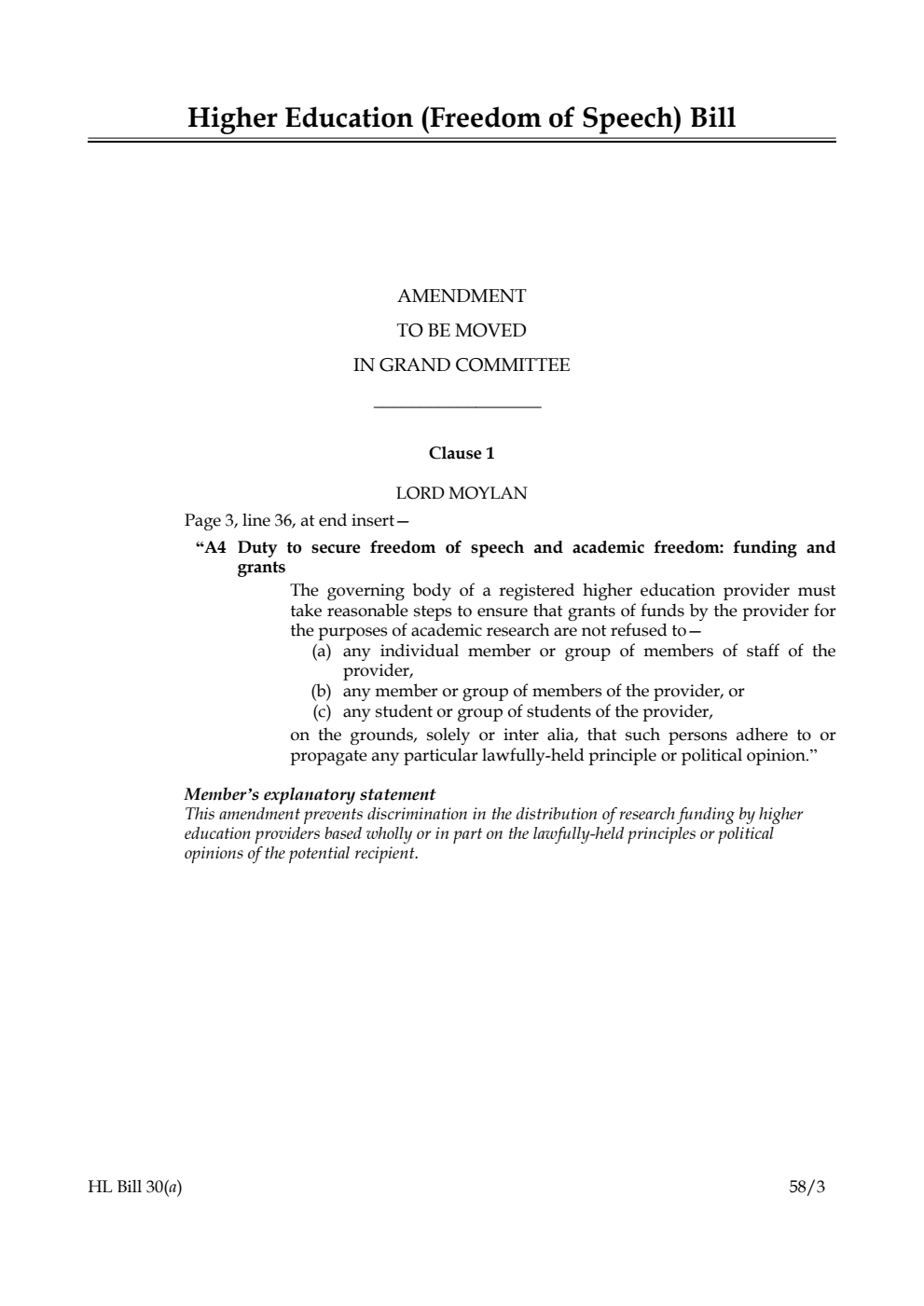 Higher Education (Freedom of Speech) Bill Amendment to be moved in Grand Committee
