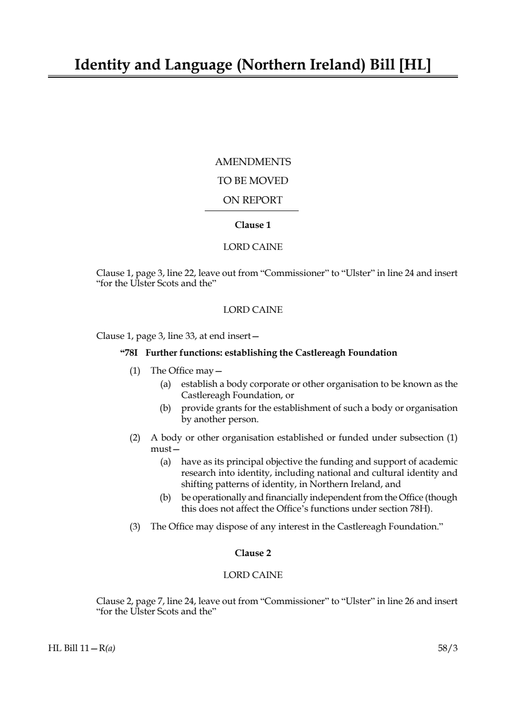 Identity and Language (Northern Ireland) Bill Amendments to be moved on Report