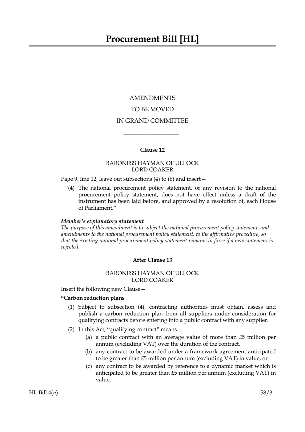 Procurement Bill Amendments to be moved in Grand Committee