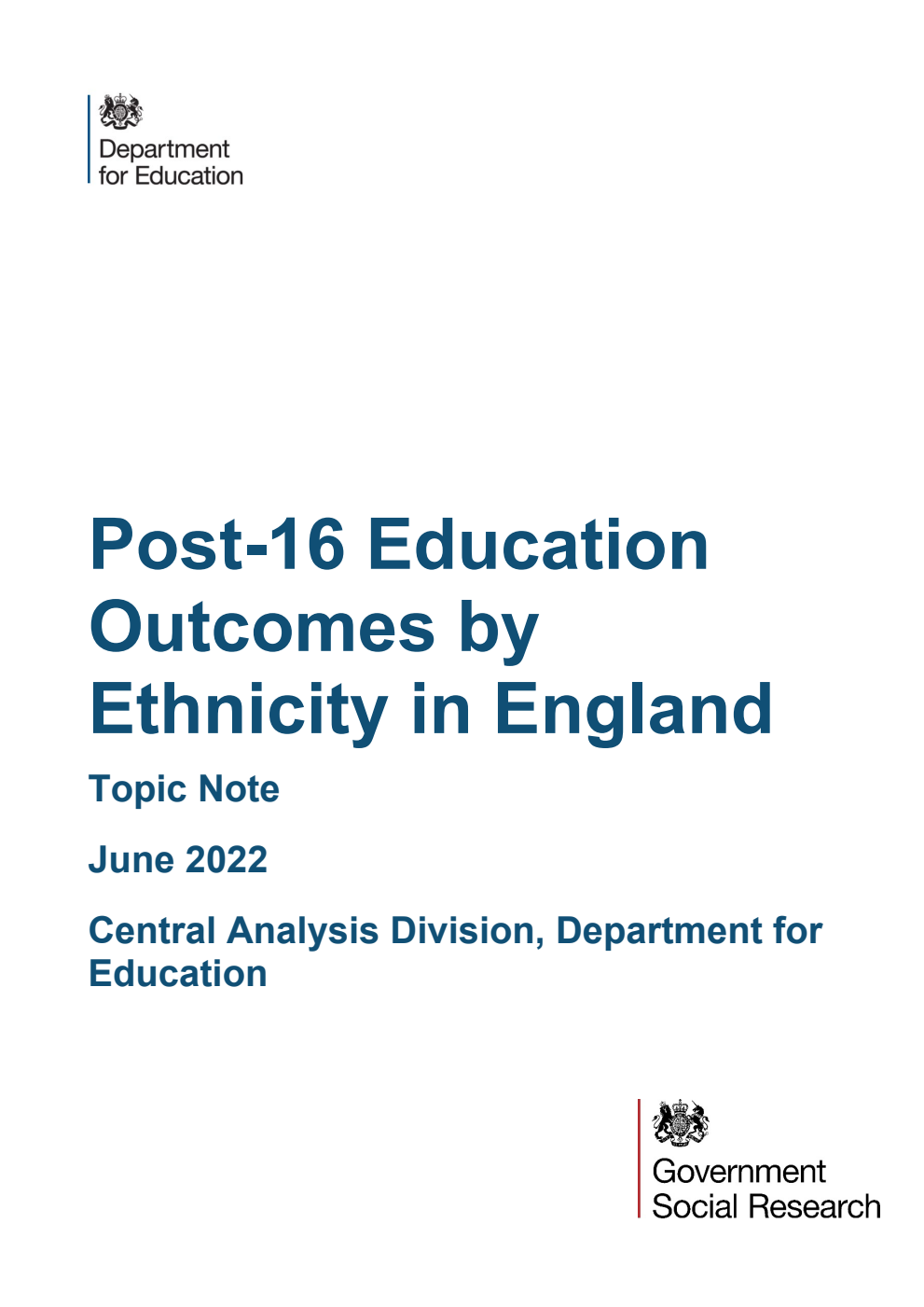DFE-RR1244 Post-16 Education Outcomes by Ethnicity in England. Topic Note. June 2022