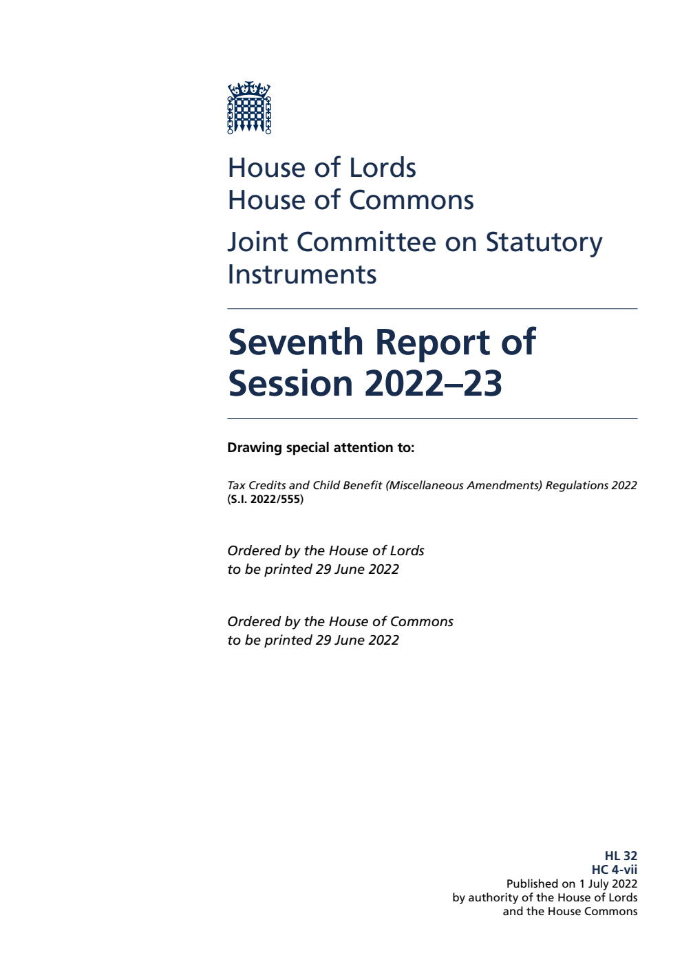 Joint Committee on Statutory Instruments 7th Report of Session 2022-23