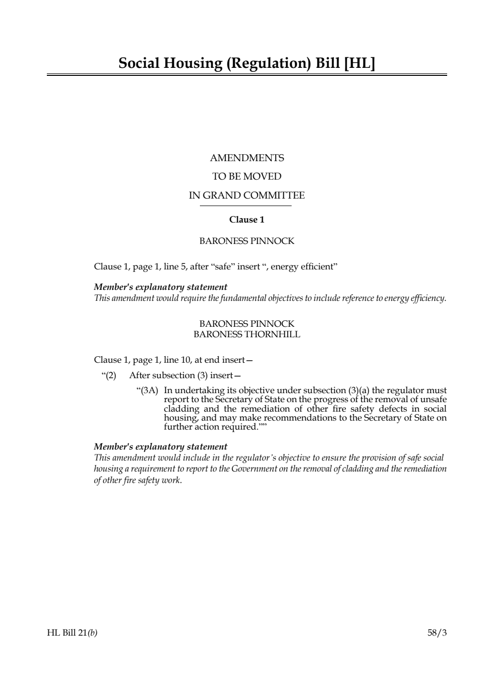 Social Housing (Regulation) Bill Amendments to be moved in Grand Committee