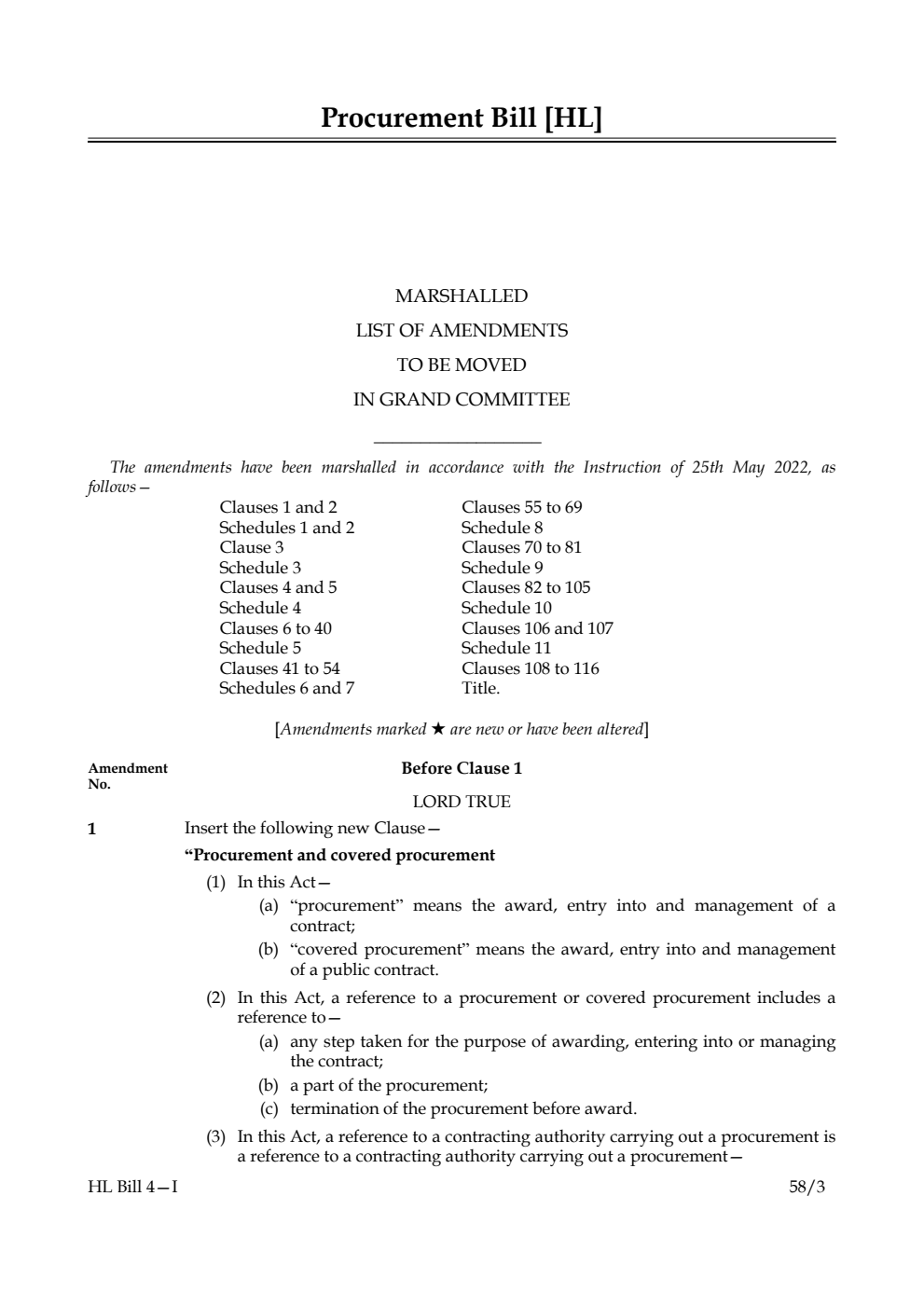 Procurement Bill Marshalled List of Amendments to be moved in Grand Committee