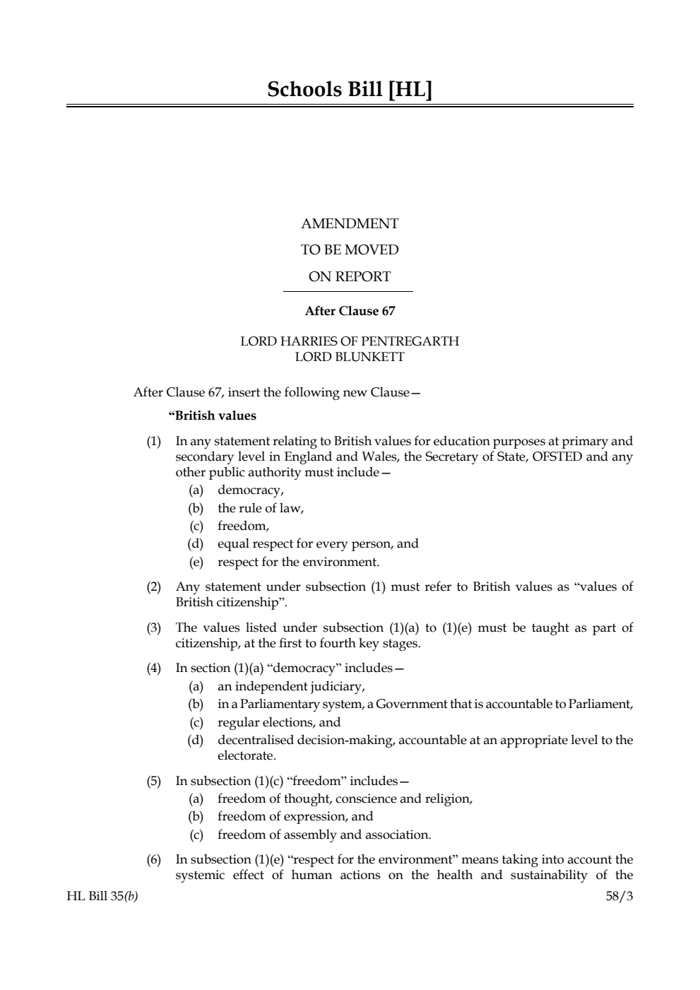 Schools Bill Amendment to be moved on Report