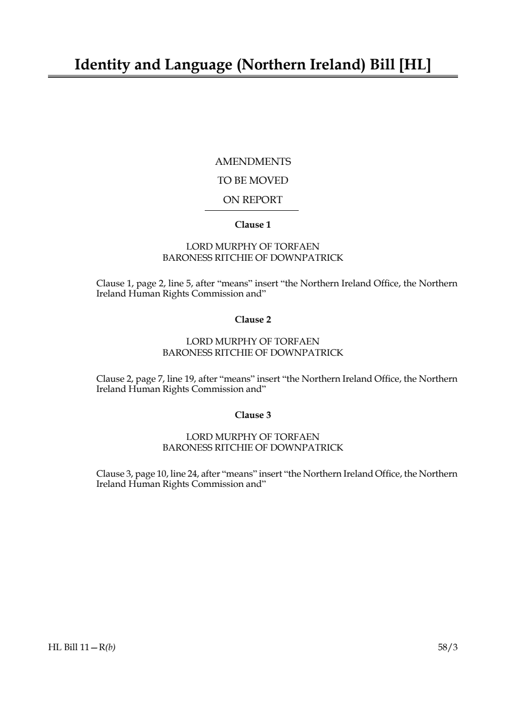 Identity and Language (Northern Ireland) Bill Amendments to be moved on Report