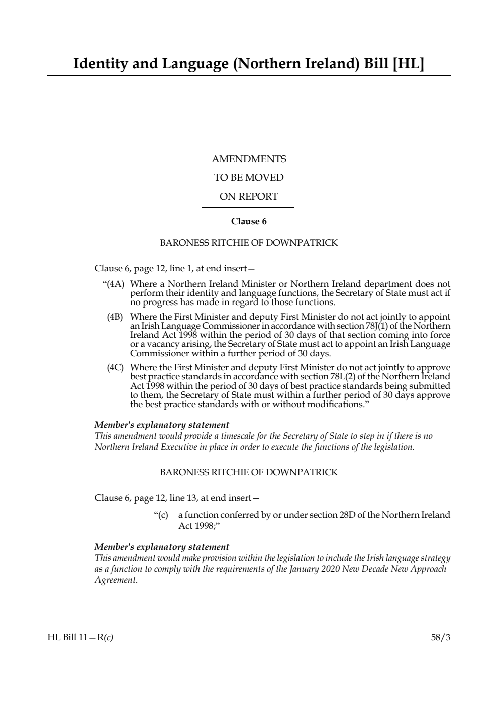 Identity and Language (Northern Ireland) Bill Amendments to be moved on Report