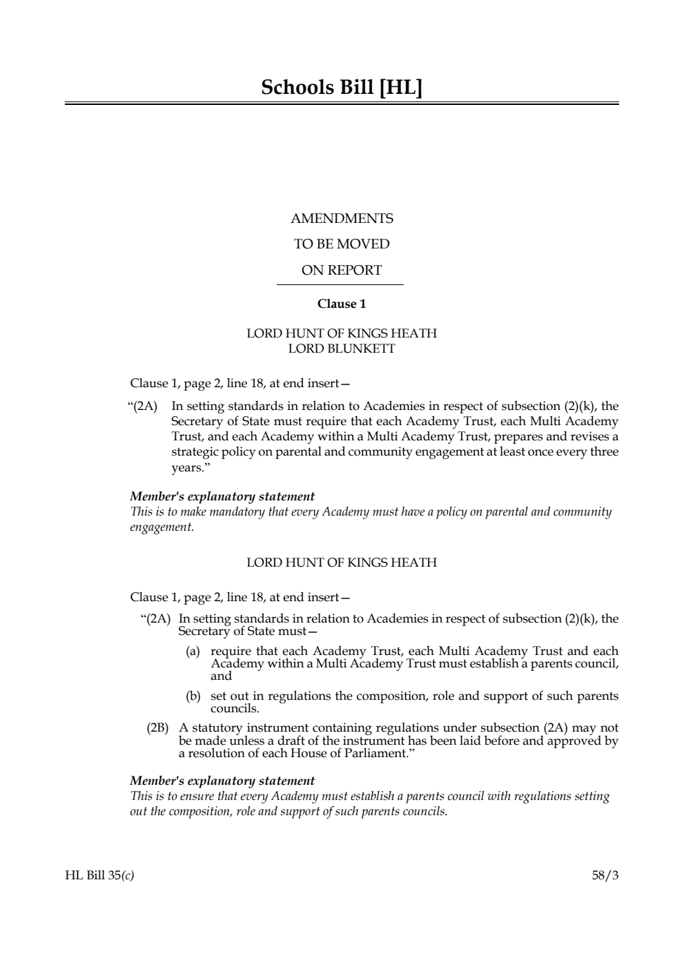 Schools Bill Amendments to be moved on Report