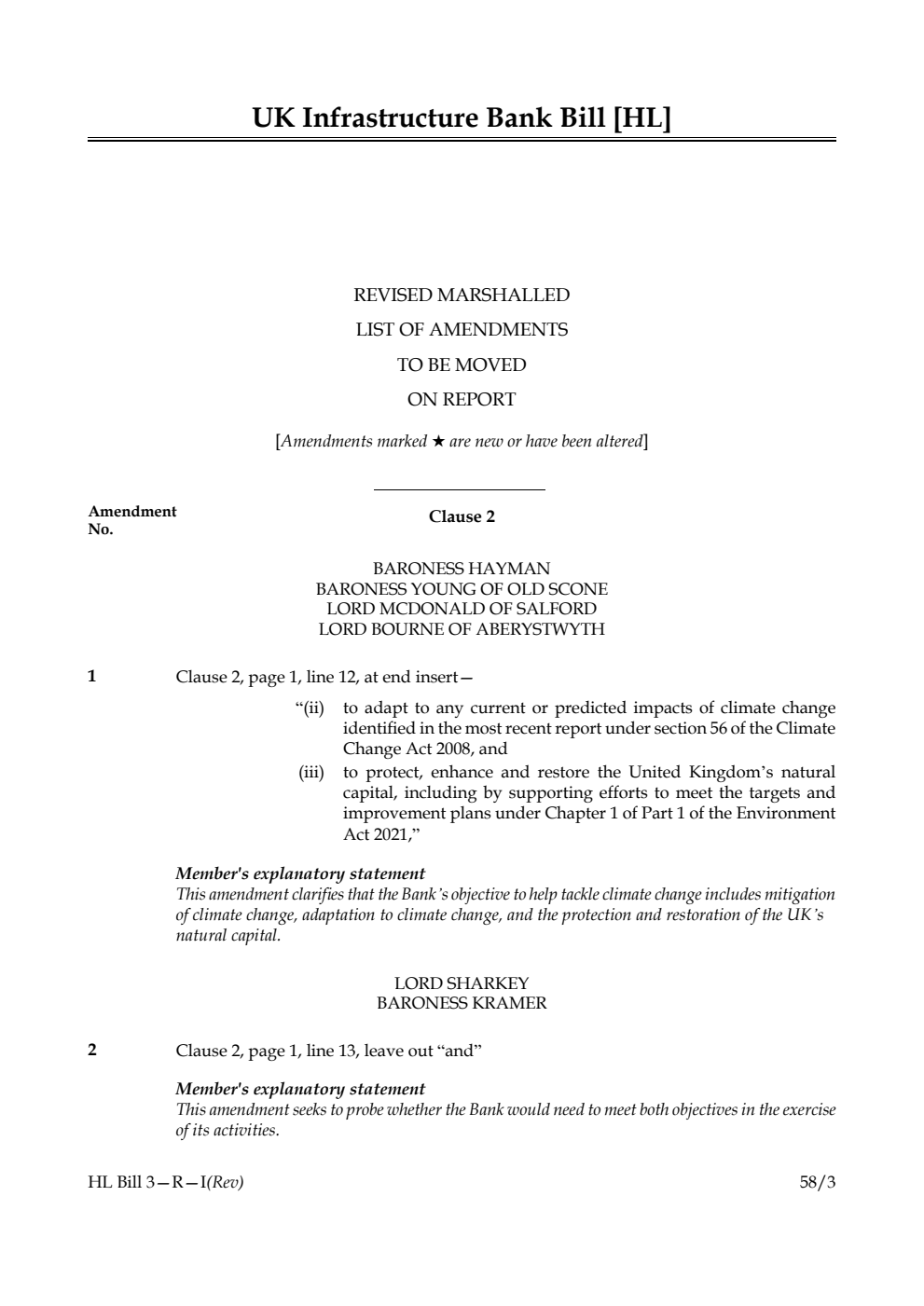 UK Infrastructure Bank Bill Revised Marshalled List of Amendments to be moved on report