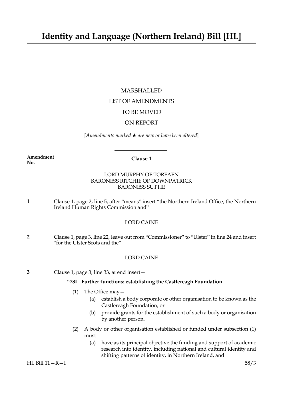 Identity and Language (Northern Ireland) Bill Marshalled List of Amendments to be moved on report