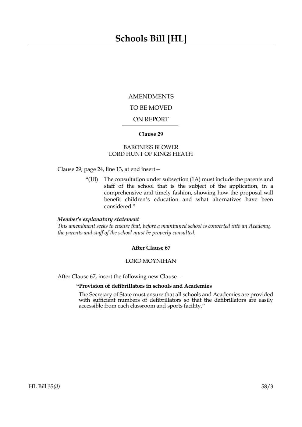 Schools Bill Amendments to be moved on Report