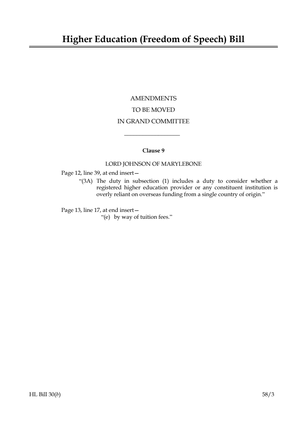 Higher Education (Freedom of Speech) Bill Amendments to be moved in Grand Committee