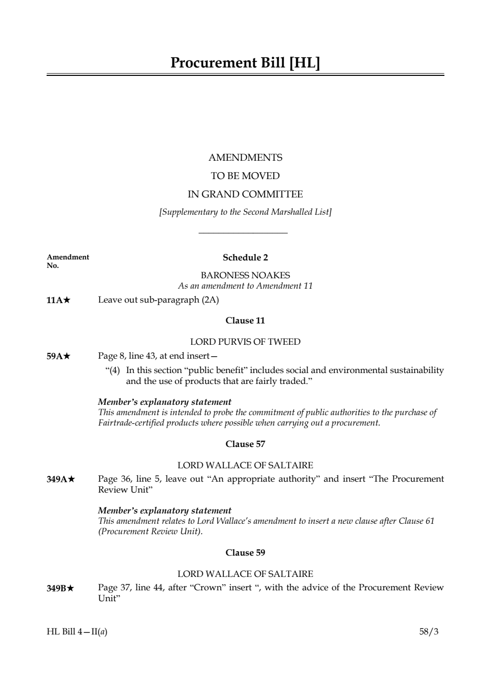 Procurement Bill Amendments to be moved in Grand Committee [Supplementary to the Second Marshalled List]