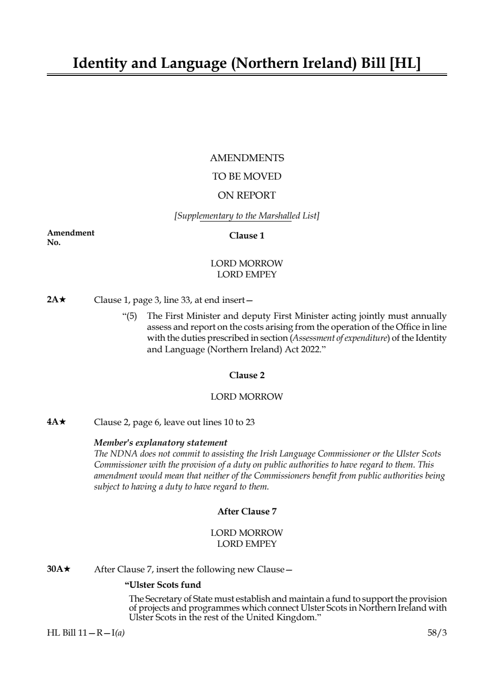 Identity and Language (Northern Ireland) Bill Amendments to be moved on Report [Supplementary to the Marshalled List]