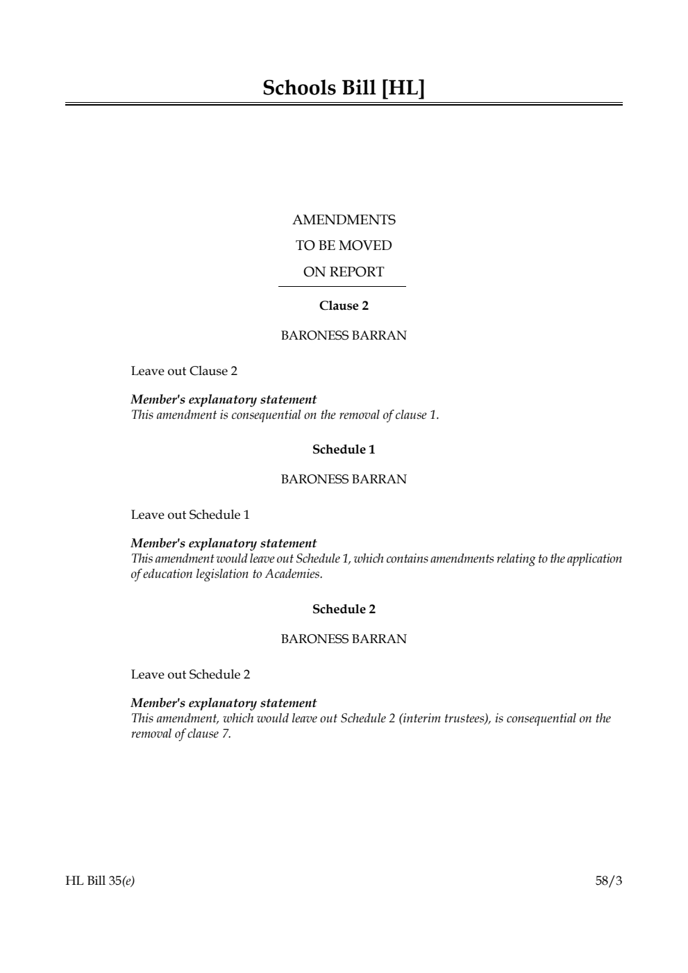 Schools Bill Amendments to be moved on Report