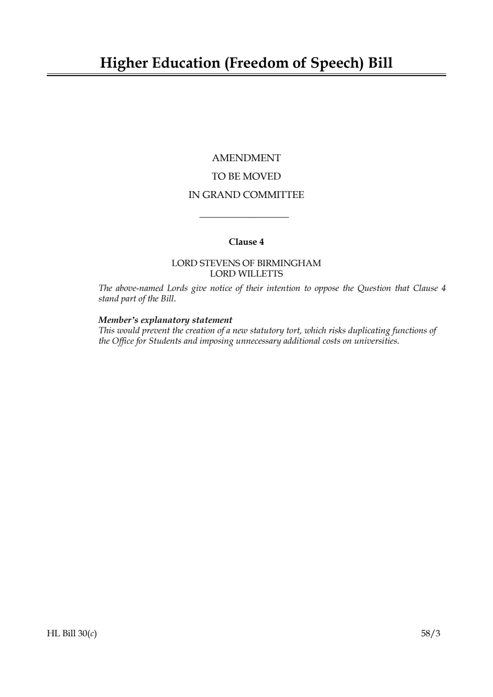 Higher Education (Freedom of Speech) Bill Amendment to be moved in Grand Committee