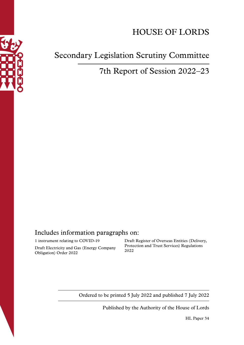 Secondary Legislation Scrutiny Committee 7th Report of Session 2022–23