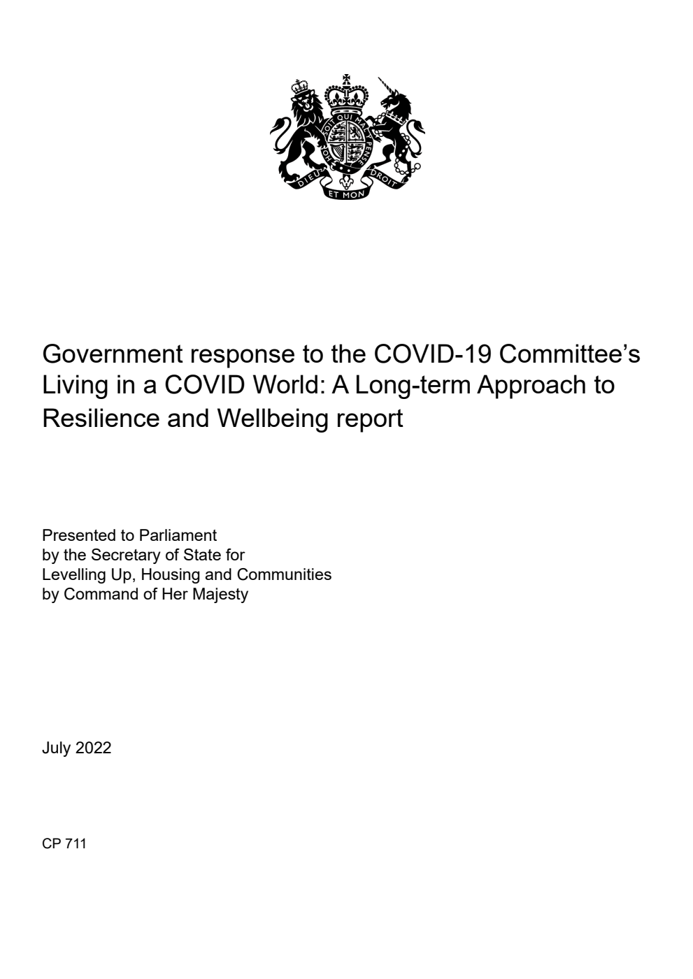 Government response to the COVID-19 Committee’s Living in a COVID World: A Long-term Approach to Resilience and Wellbeing report