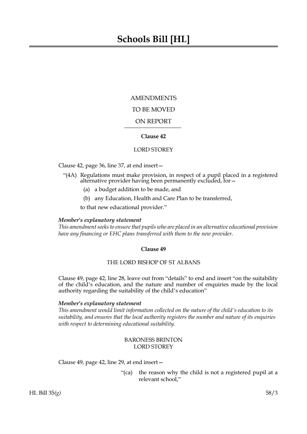 Schools Bill Amendments to be moved on Report