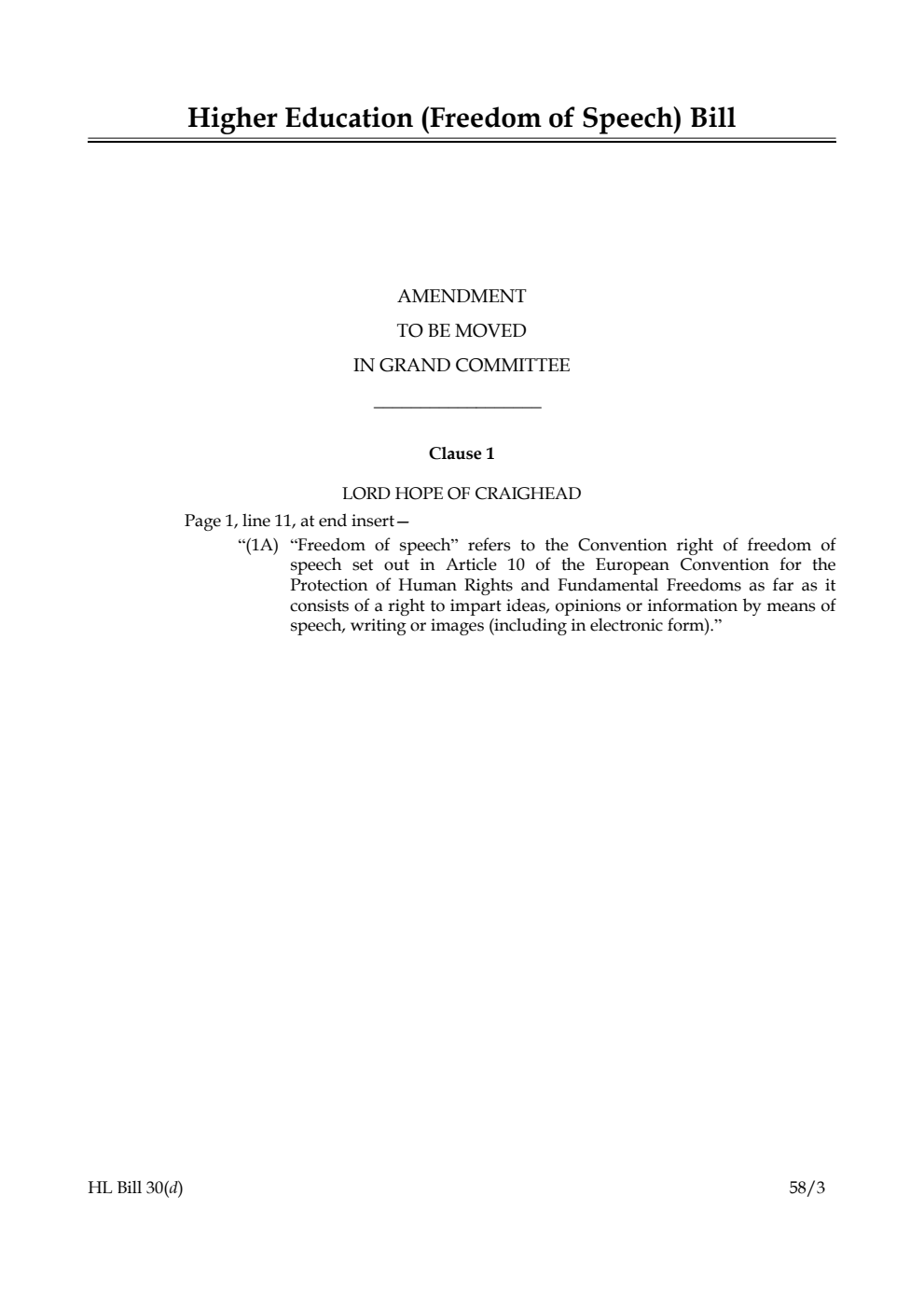 Higher Education (Freedom of Speech) Bill Amendment to be moved in Grand Committee