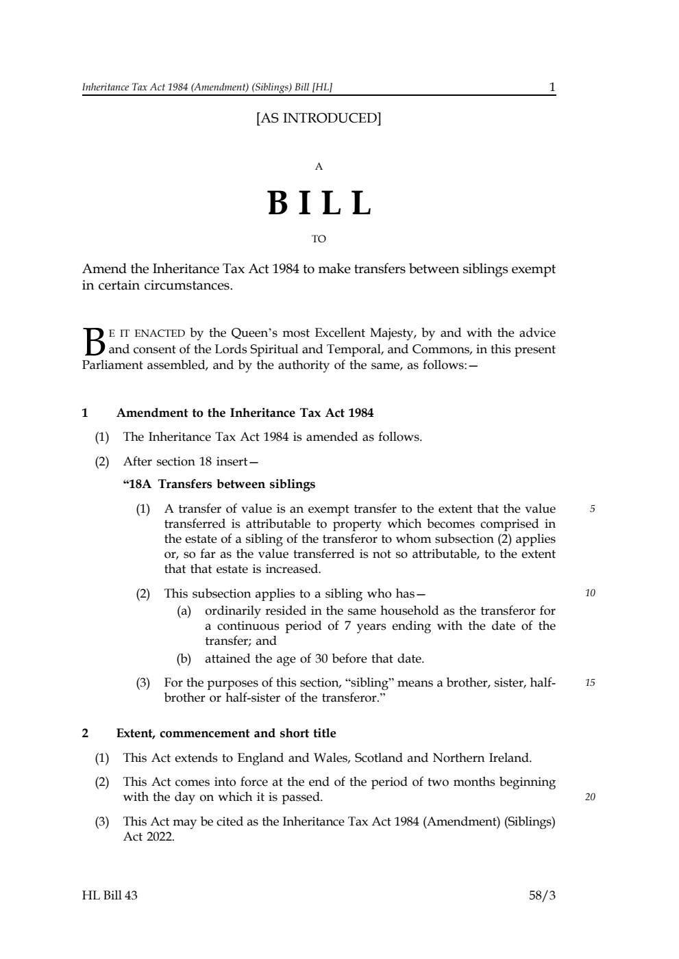 Inheritance Tax Act 1984 (Amendment) (Siblings) Bill
