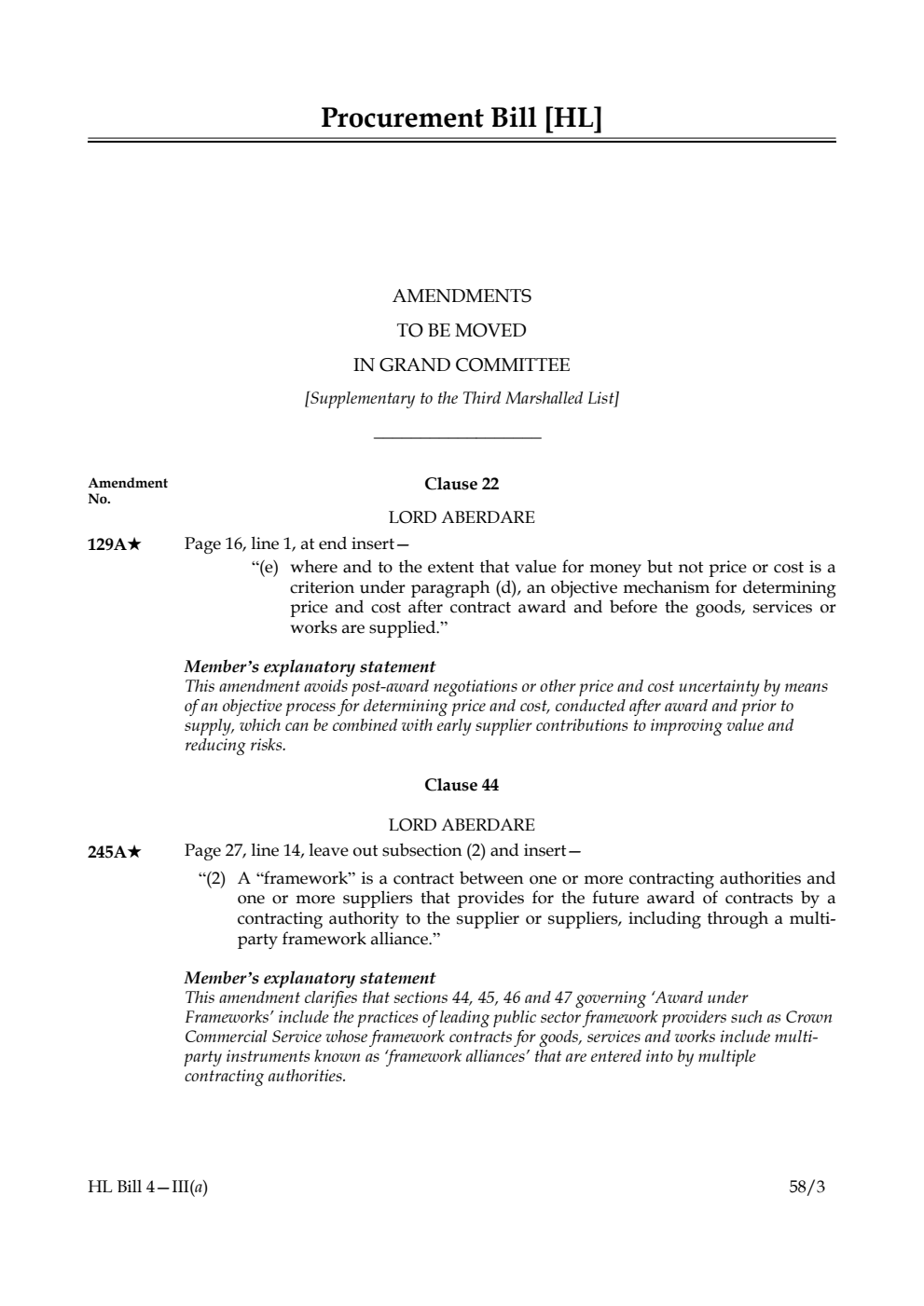 Procurement Bill Amendments to be moved in Grand Committee [Supplementary to the Third Marshalled List]