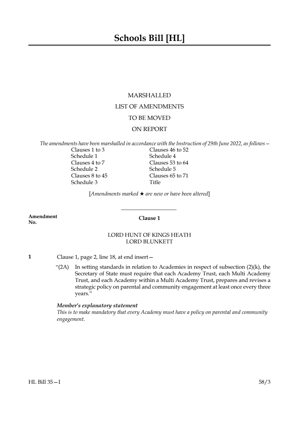 Schools Bill Marshalled List of Amendments to be moved on report