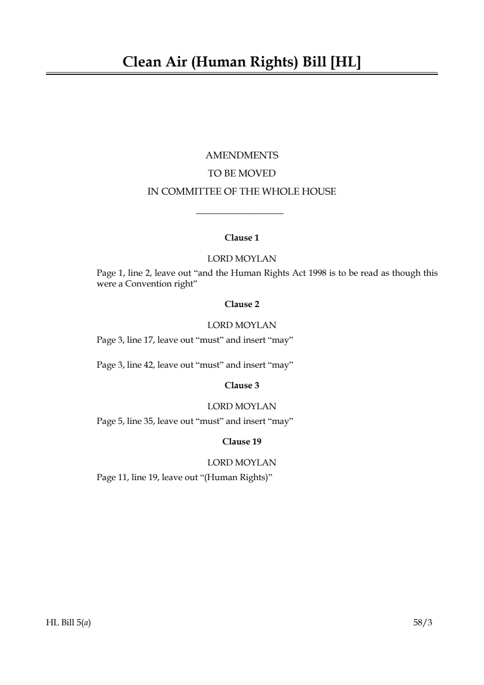Clean Air (Human Rights) Bill Amendments to be moved in Committee of the Whole House