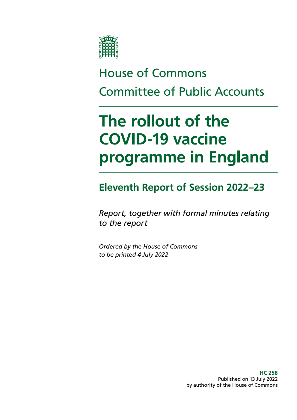 Public Accounts Committee 11th Report. The rollout of the COVID-19 vaccine programme in England Volume 1. Report