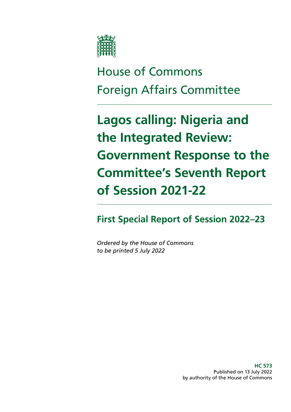 Foreign Affairs Committee 1st Special Report. Lagos calling: Nigeria and the Integrated Review: Government Response to the Committee’s Seventh Report of Session 2021-22