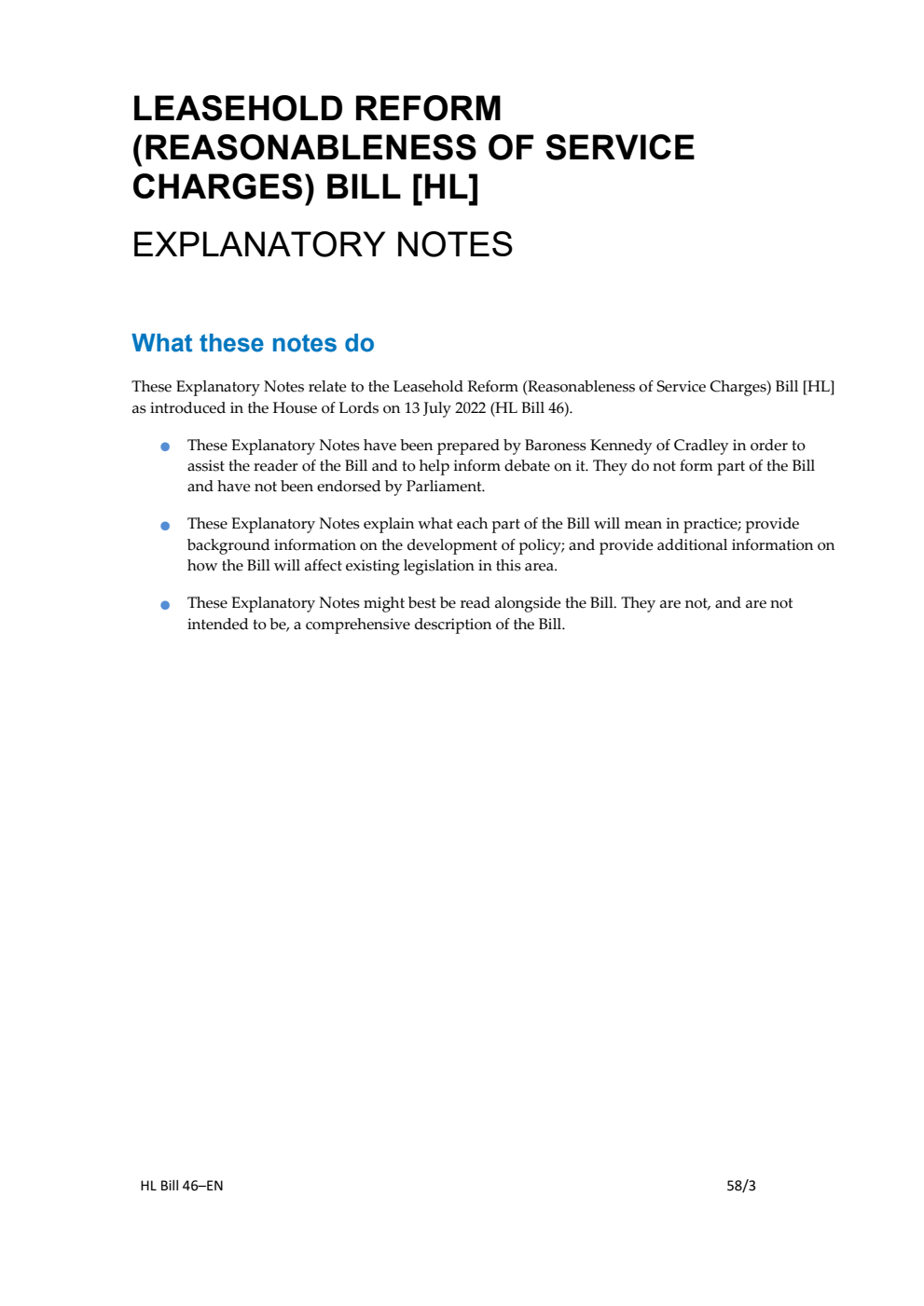 Leasehold Reform (Reasonableness of Service Charges) Bill Explanatory Notes