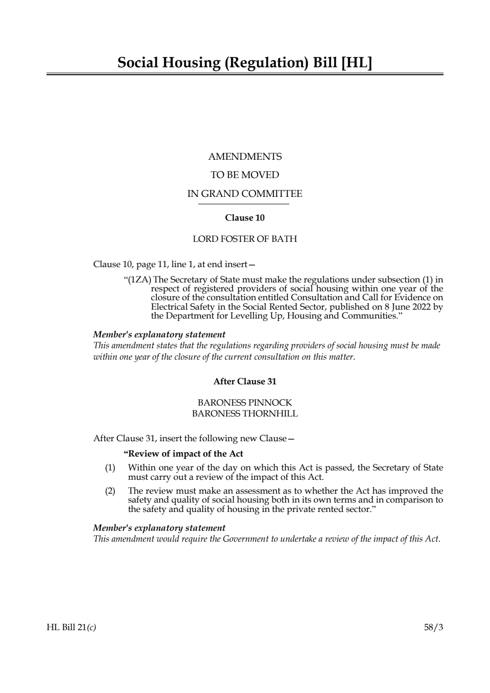 Social Housing (Regulation) Bill Amendments to be moved in Grand Committee