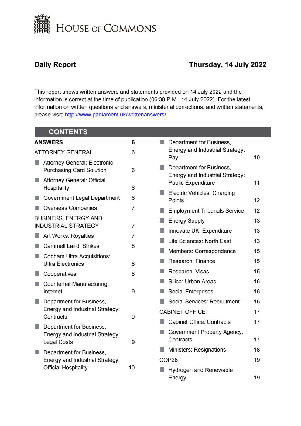 HOC Daily Report Written Statements and Answers 14.07.22