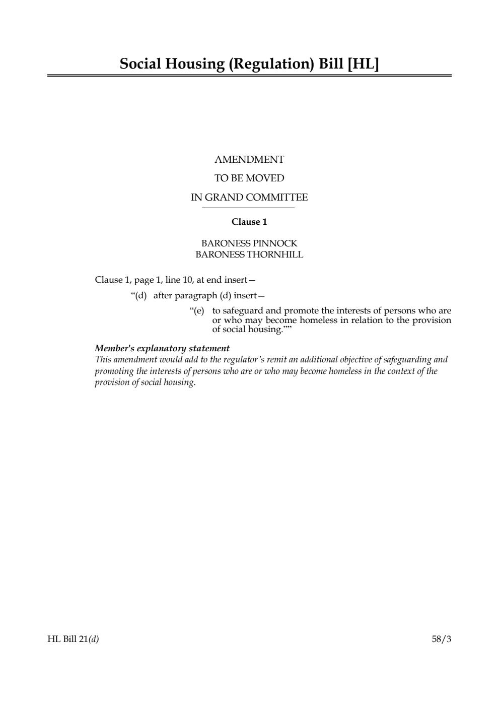Social Housing (Regulation) Bill Amendment to be moved in Grand Committee