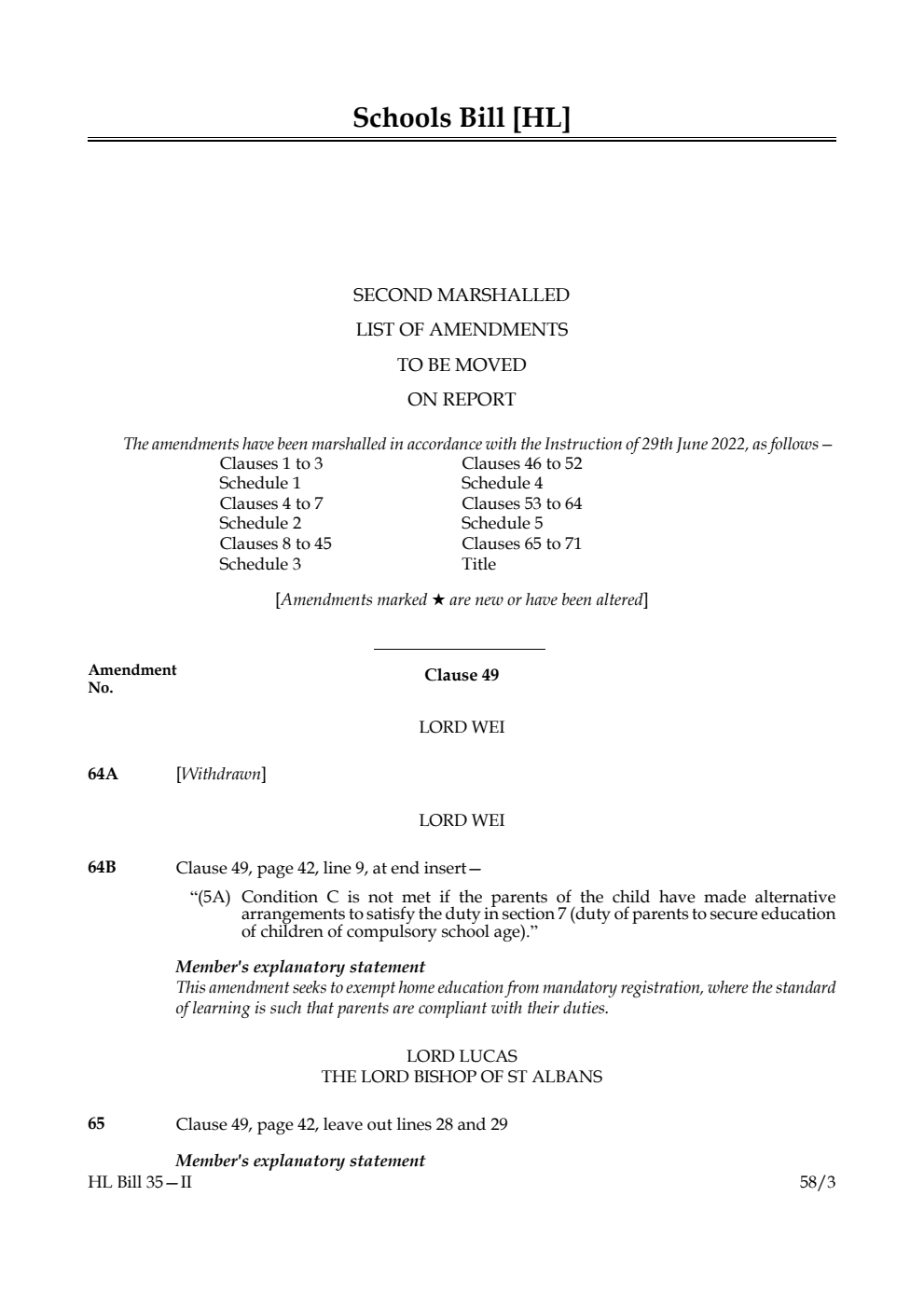 Schools Bill Second Marshalled List of Amendments to be moved on report