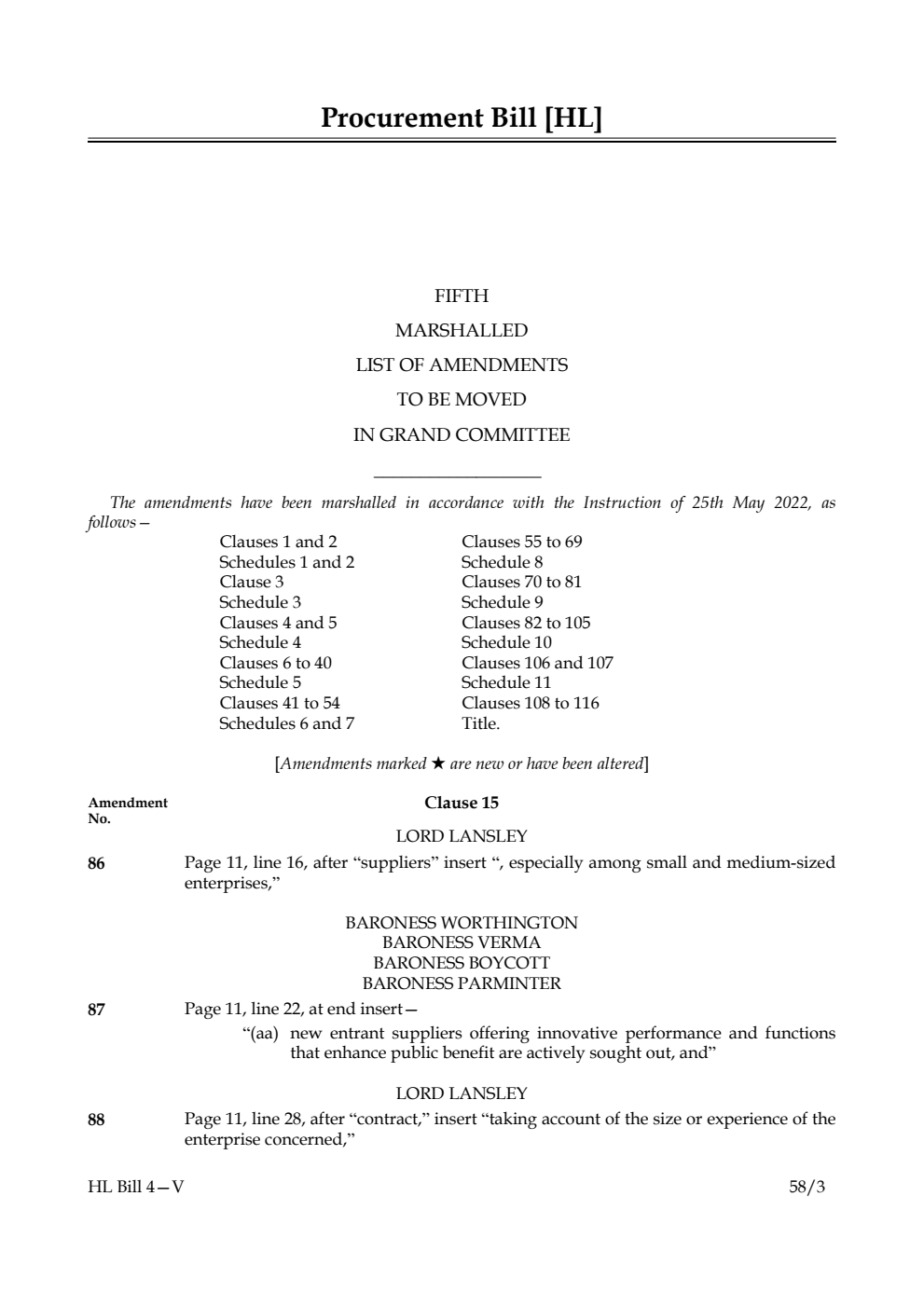 Procurement Bill Fifth Marshalled List of Amendments to be moved in Grand Committee