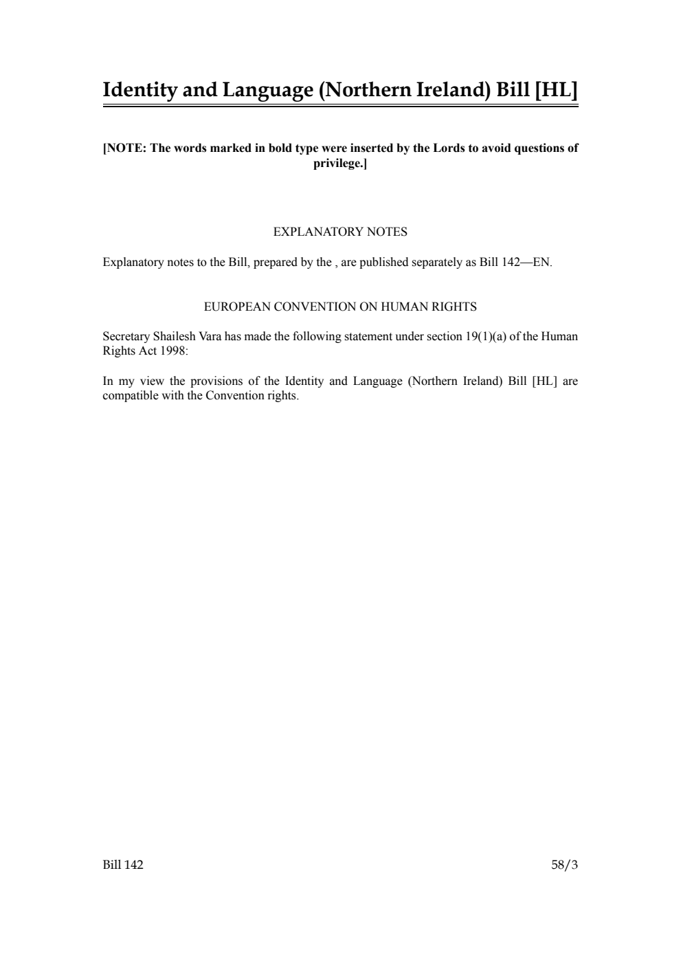 Identity and Language (Northern Ireland) Bill [as brought from the Lords]