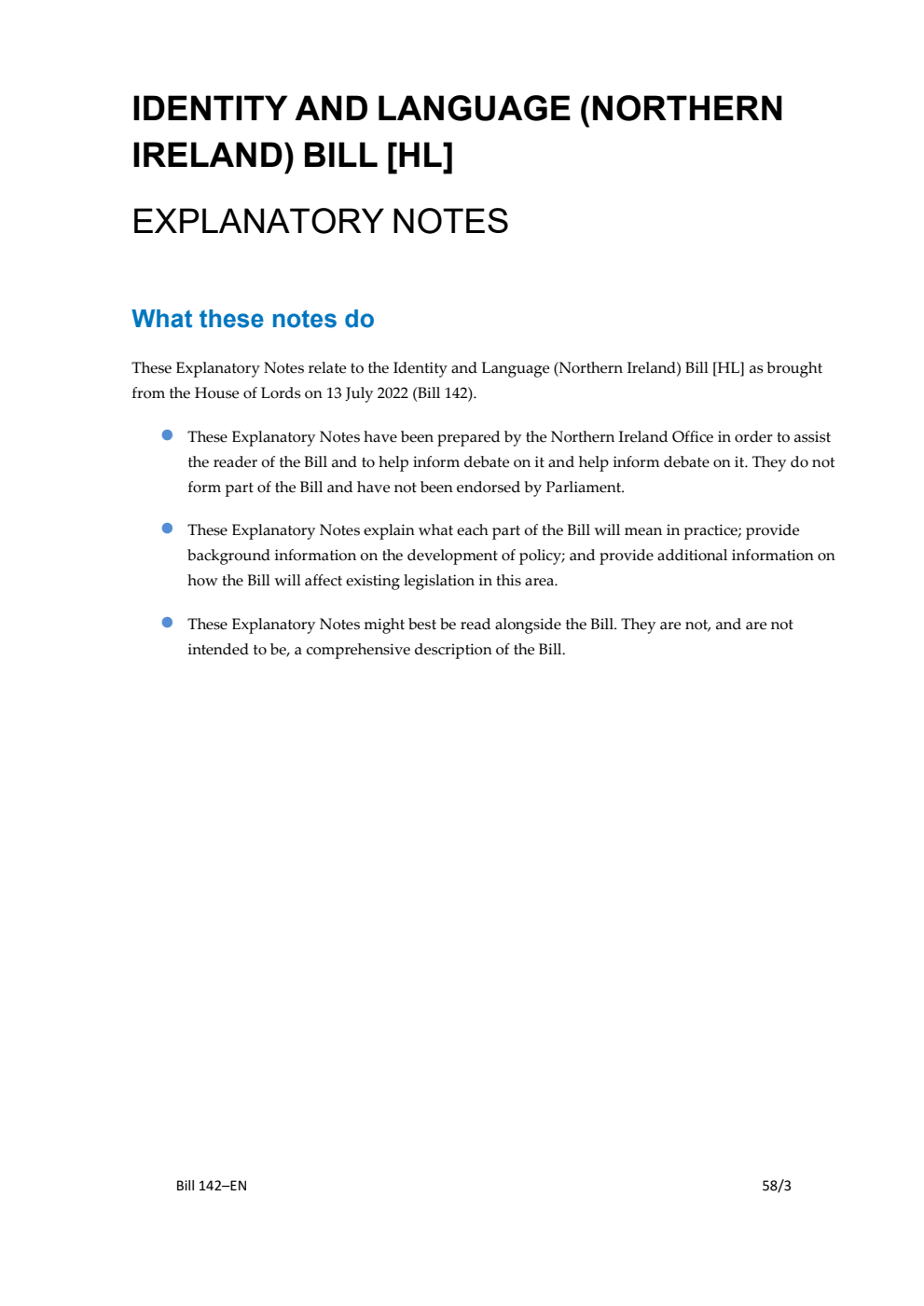 Identity and Language (Northern Ireland) Bill Explanatory Notes
