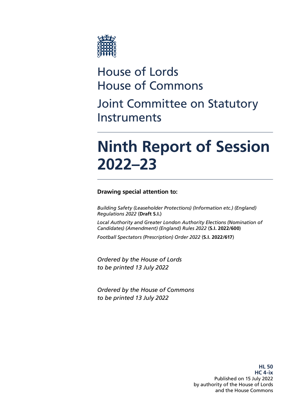 Joint Committee on Statutory Instruments 9th Report of Session 2022-23