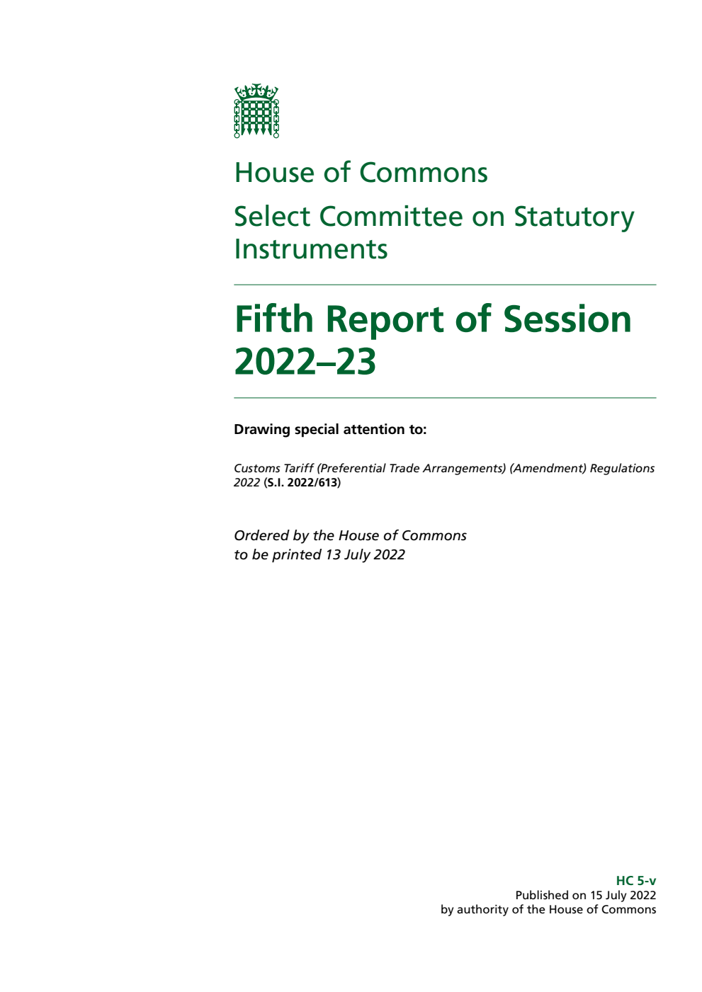 Statutory Instruments Committee 5th Report of Session 2022-23