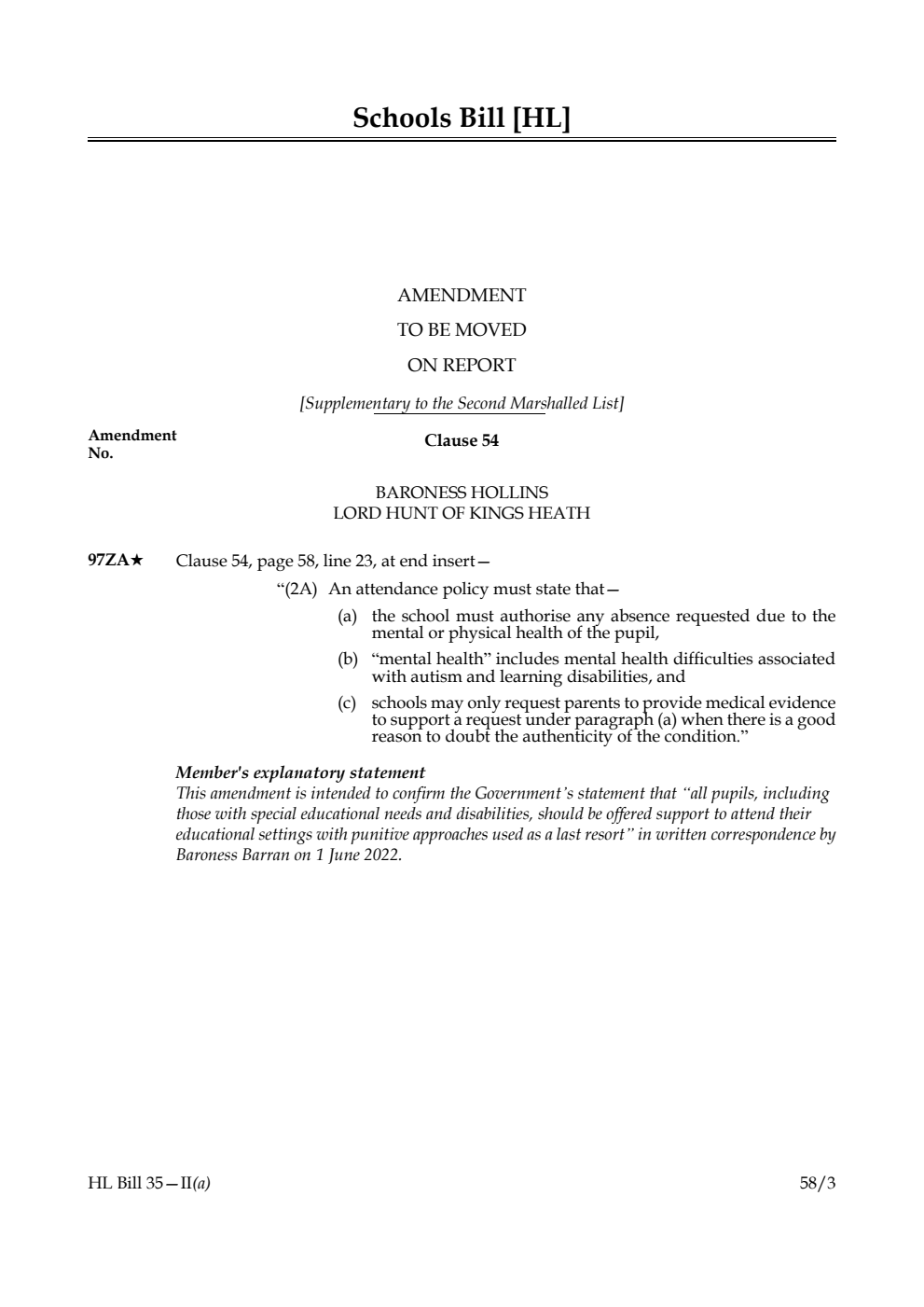 Schools Bill Amendment to be moved on Report [Supplementary to the Second Marshalled List]