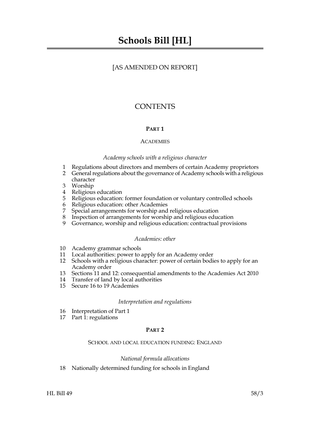 Schools Bill [as amended on Report]