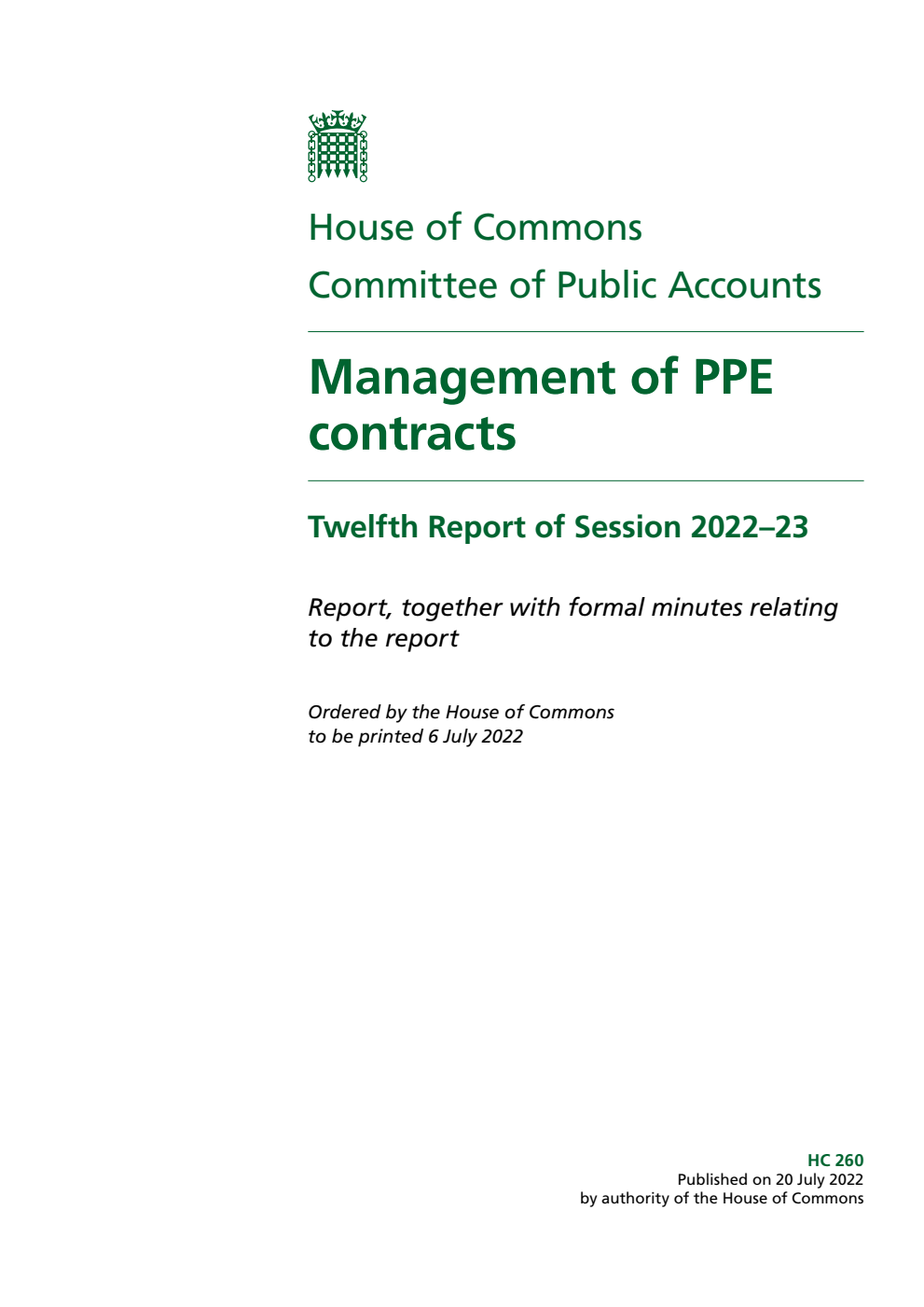 Public Accounts Committee 12th Report. Management of PPE contracts Volume 1. Report