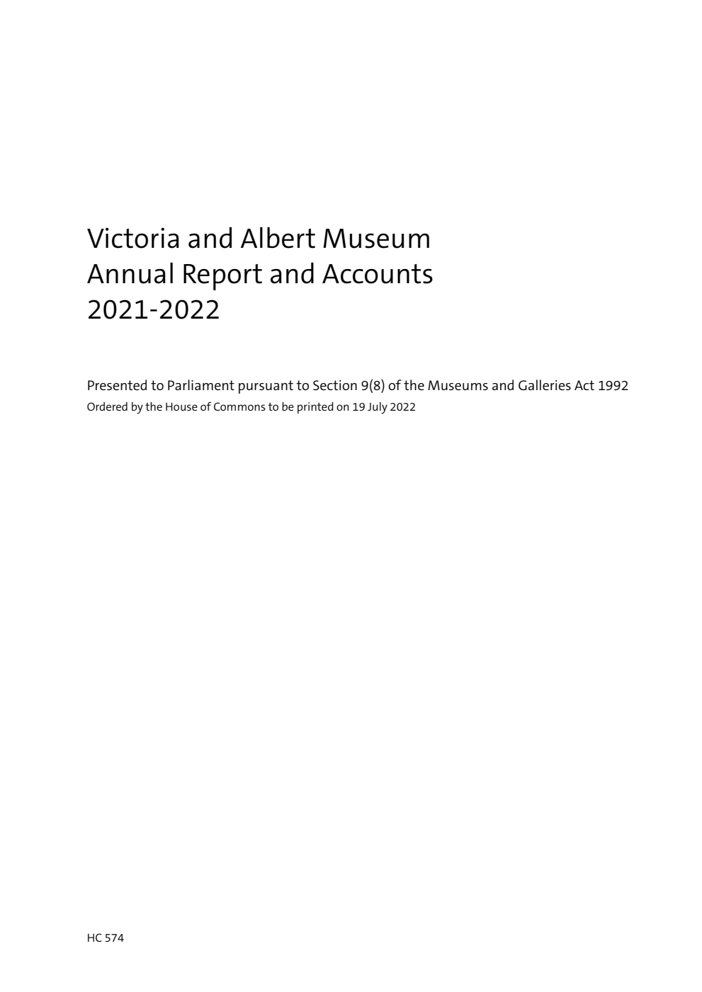 Victoria and Albert Museum Annual Report and Accounts 2021-2022