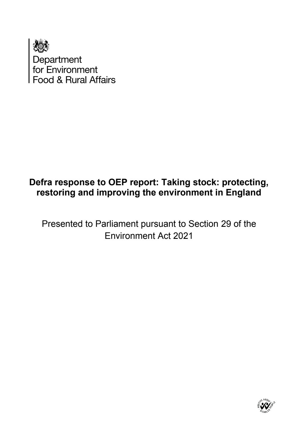 Defra response to OEP report: Taking stock: protecting, restoring and improving the environment in England