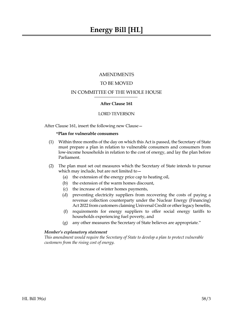 Energy Bill Amendments to be moved in Committee of the Whole House