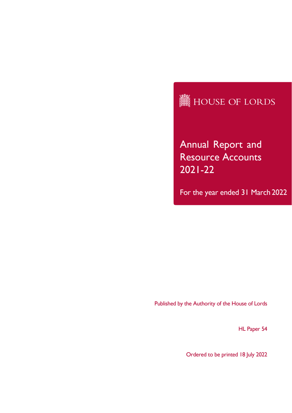 House of Lords Annual Report and Resource Accounts 2021-22 for the year ended 31 March 2022